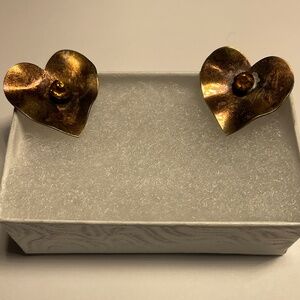 Gold Heart Earrings with Amber Accents